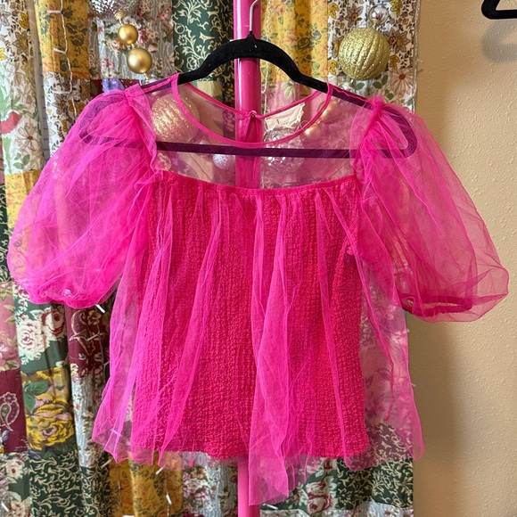 Anthropologie Pink Sheer Puff Sleeve Top - Picture 5 of 10